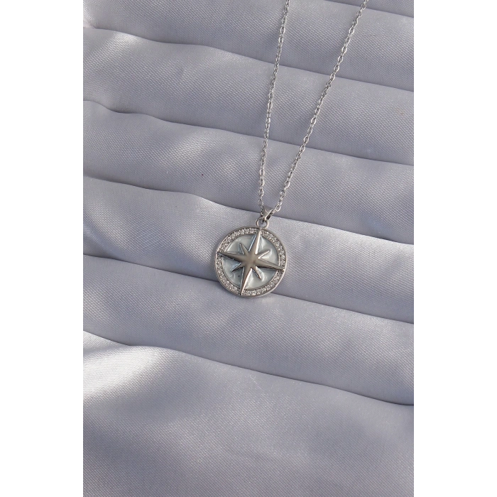 316l Çelik Zincir Gümüş Renk Zirkon Taşlı Kutup Yıldızı Kolye