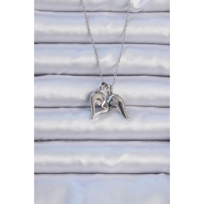 316l Çelik Zincir Gümüş Renk Zirkon Taşlı Mıknatıslı Kalp Kolye