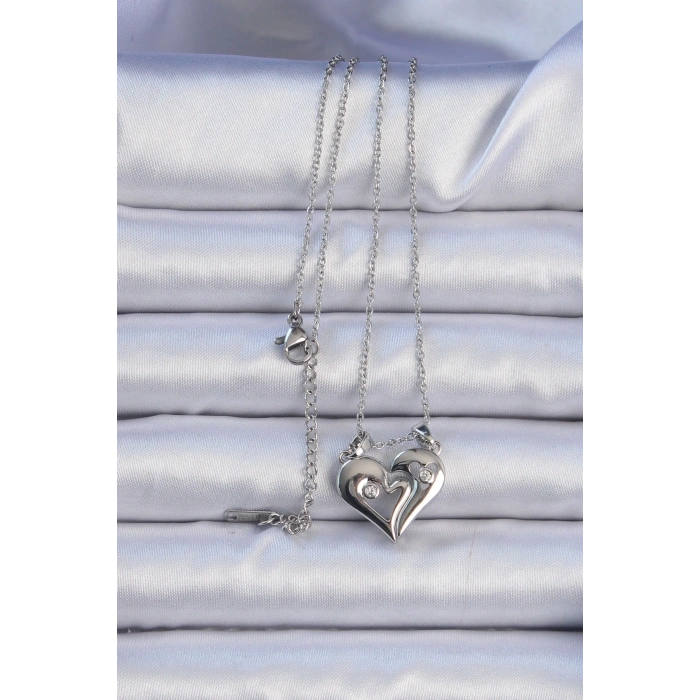 316l Çelik Zincir Gümüş Renk Zirkon Taşlı Mıknatıslı Kalp Kolye