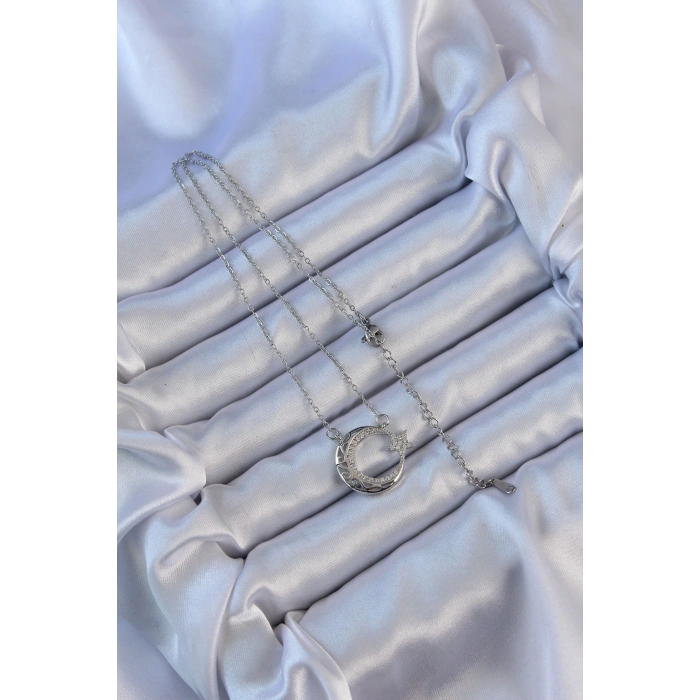 316l Çelik Zincir Gümüş Renk Zirkon Taşlı Motifli Ay Yıldız Kolye