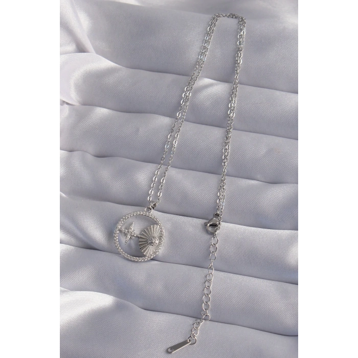 316l Çelik Zincir Gümüş Renk Zirkon Taşlı Yıldız Figürlü Oval Kolye