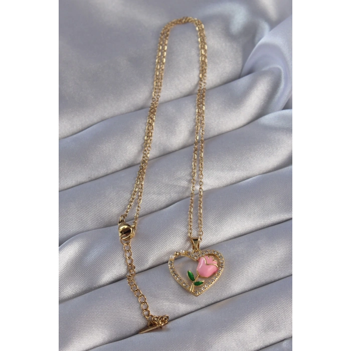 316l Çelik Zincirli Gold Renk Zirkon Taşlı Kalp İçinde Pembe Gül Tasarımlı Kolye