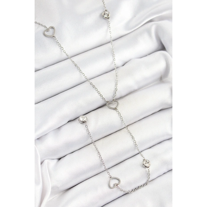 316l Çelik Zirkon Taşlı Kalp Figürlü Y Model Gümüş Renk Kadın Kolye