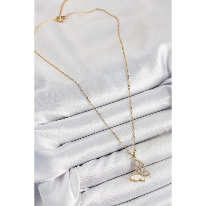 316L Çelik Zirkon Taşlı Kelebek Model Gold Renk Kadın Kolye