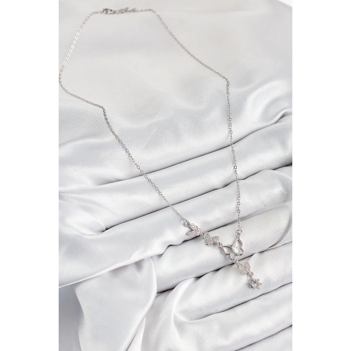 316L Çelik Zirkon Taşlı Kelebek Model Gümüş Renk Kadın Kolye