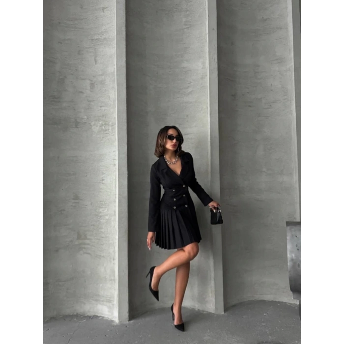 Altı piliseli uzun kollu ceket elbise siyah s255016