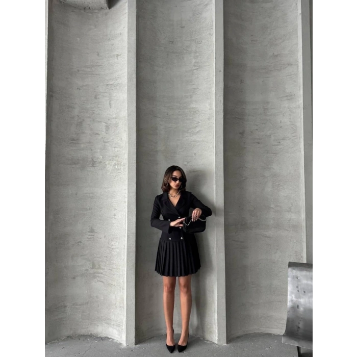 Altı piliseli uzun kollu ceket elbise siyah s255016