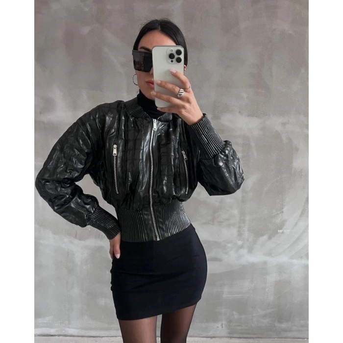 Beli büzgülü crop deri ceket siyah