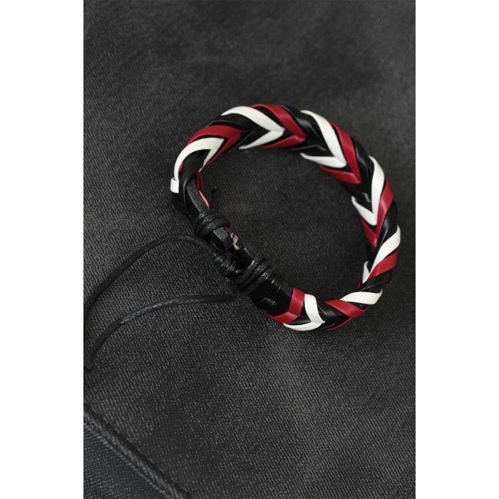 Bordo Beyaz Siyah Örgü Deri Erkek Bileklik