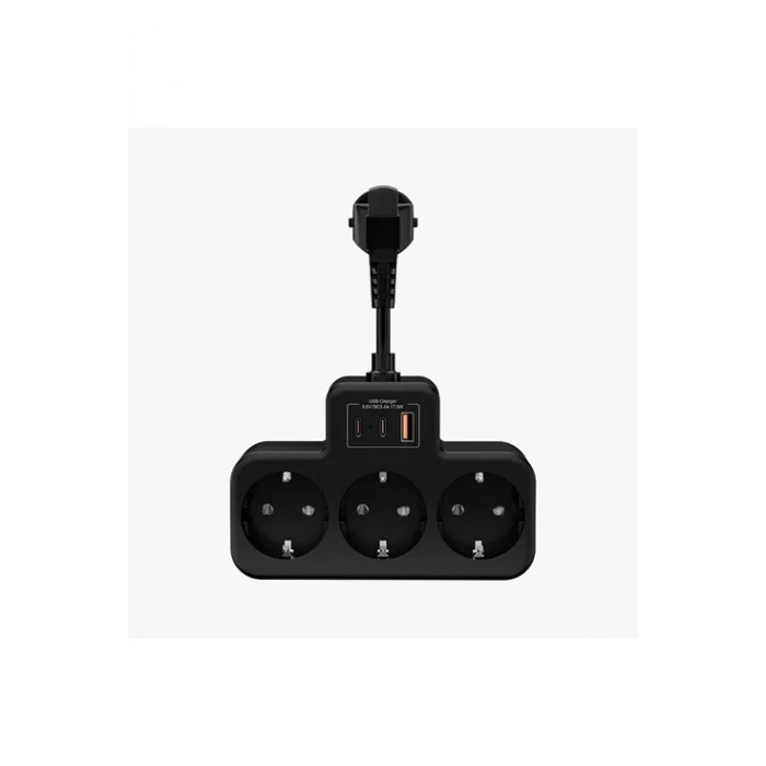 Çoklu Kablolu Priz Yüksek Gerilim Korumalı 3’lü Priz 1x Usb 2x Type-c Çıkışlı Grup Priz Çoğaltıcı Siyah
