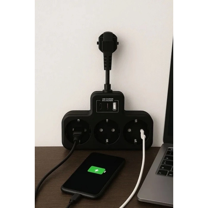 Çoklu Kablolu Priz Yüksek Gerilim Korumalı 3’lü Priz 1x Usb 2x Type-c Çıkışlı Grup Priz Çoğaltıcı Siyah