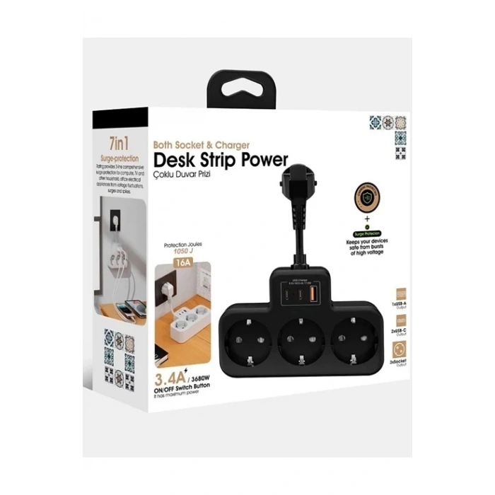 Çoklu Kablolu Priz Yüksek Gerilim Korumalı 3’lü Priz 1x Usb 2x Type-c Çıkışlı Grup Priz Çoğaltıcı Siyah