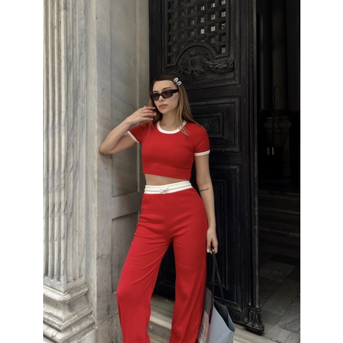 Crop pantolon biyeli takım kırmızı