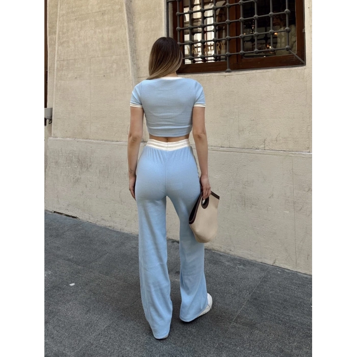 Crop pantolon biyeli takım mavi