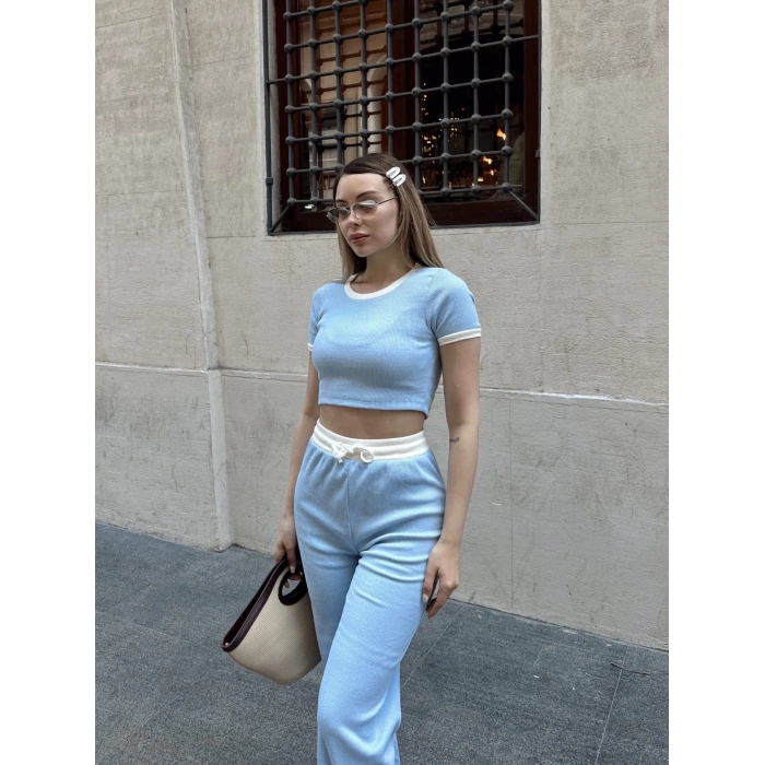 Crop pantolon biyeli takım mavi