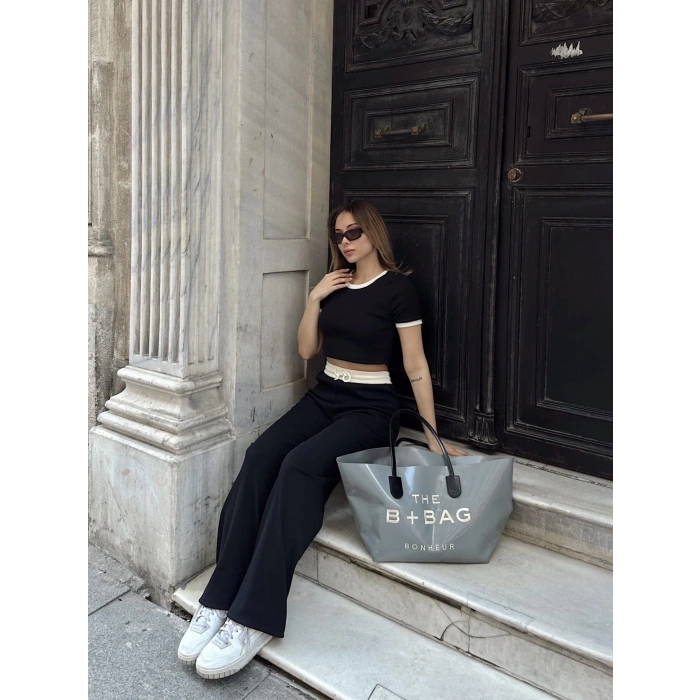 Crop pantolon biyeli takım siyah