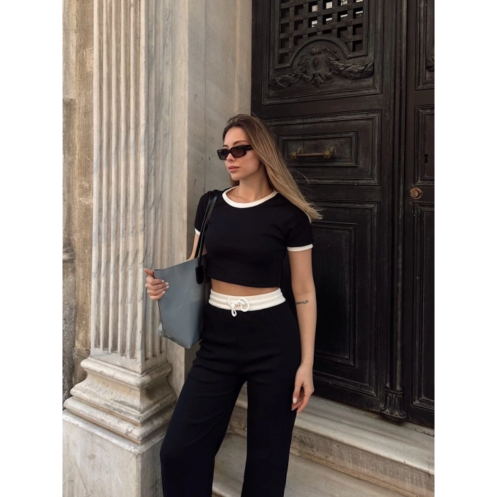 Crop pantolon biyeli takım siyah