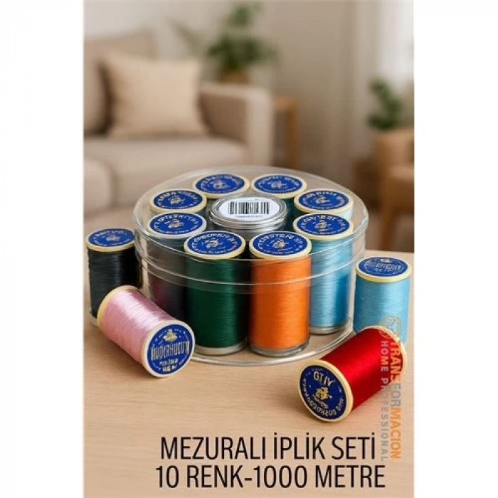 Dikiş İpliği Seti - 10 Renk 1000 Mt Kutulu Mezuralı Dikiş Seti