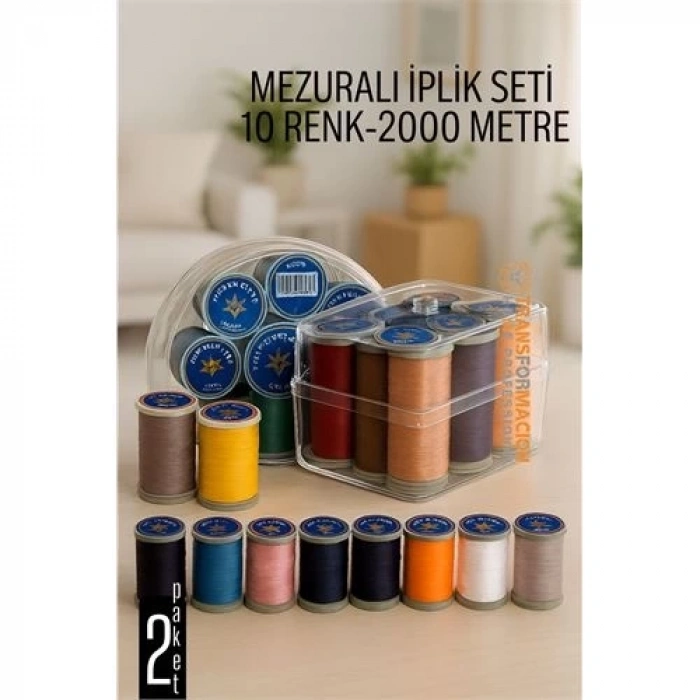 Dikiş İpliği Seti - 10 Renk 2000 Mt Kutulu Mezuralı Dikiş Seti