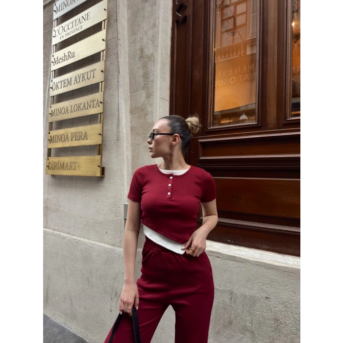 Düğme yakalı bordo alt üst takım s3943