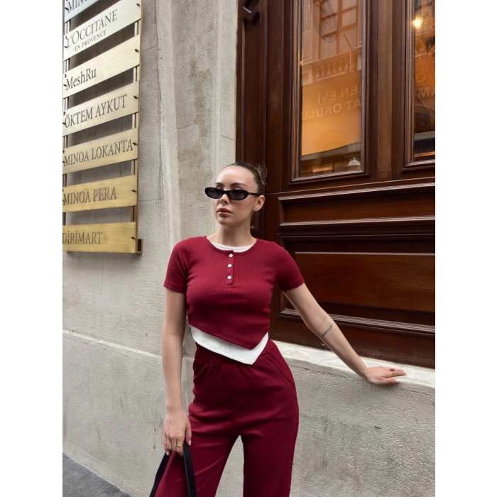 Düğme yakalı bordo alt üst takım s3943