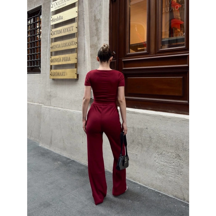 Düğme yakalı bordo alt üst takım s3943