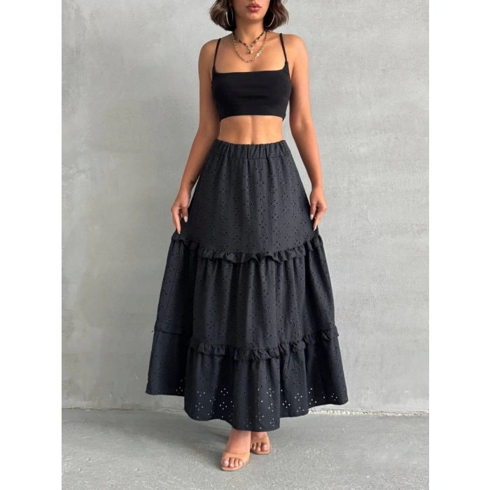 Fırfırlı brodeli astarlı uzun etek siyah s255047
