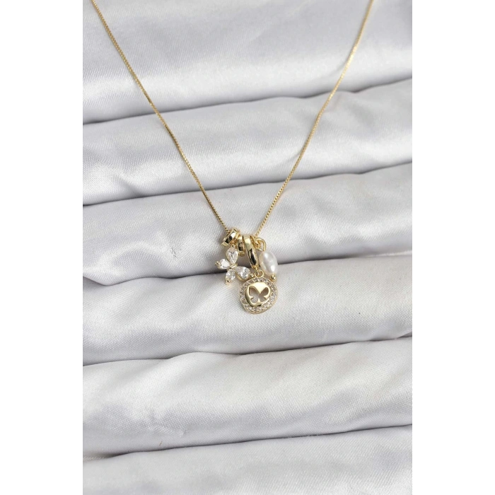 Gold Renk Pirinç Minimal Kelebek Charmlı Kadın Kolye