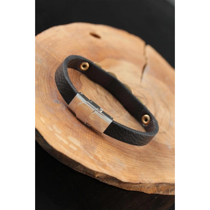 Gold Renk Sonsuzluklu Metal Aksesuarlı Siyah Deri Erkek Bileklik