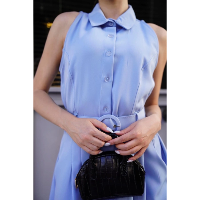 Gömlek yaka kemerli elbise mavi s255061