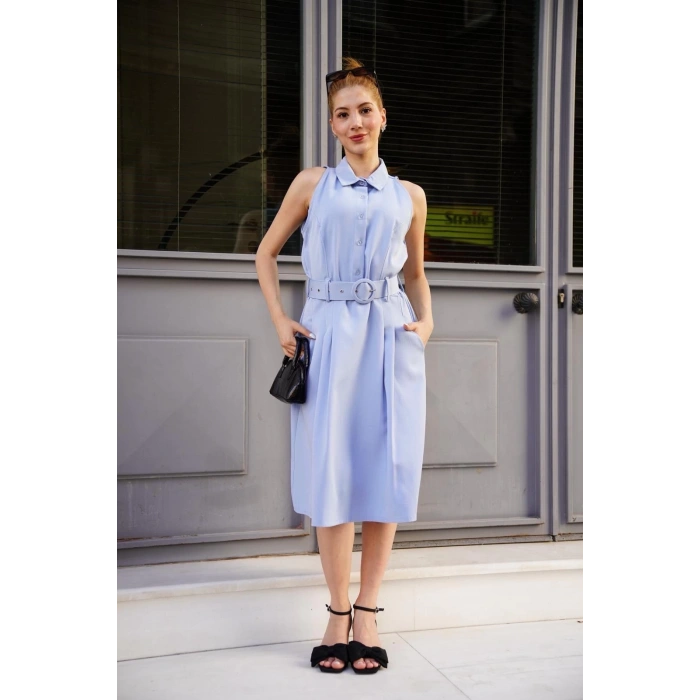 Gömlek yaka kemerli elbise mavi s255061
