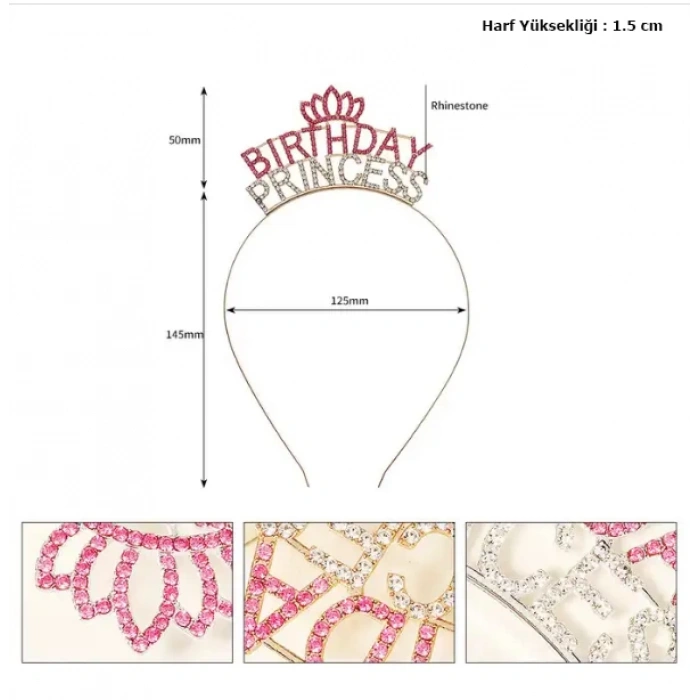 Kristal Taşlı Birthday Princess Yazılı Parti Tacı Pembe Renk