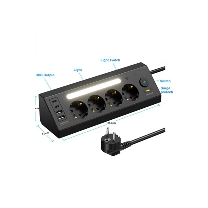 Lp764 Çoklu Gece Lambalı Priz Yüksek Gerilim Korumalı 4’lü Priz 2xusb 2xtype-c Çıkışlı Grup Priz Çoğaltıcı