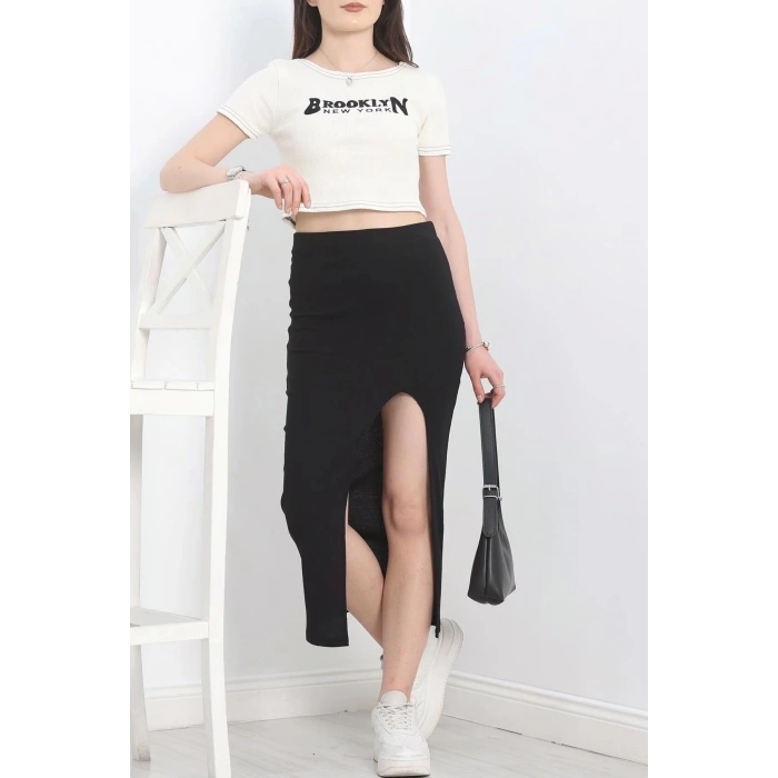 Nakışlı etekli takım siyah beyaz s3899