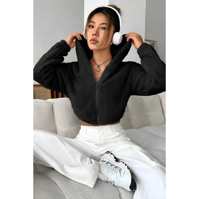 Peluş ceket kapşonlu siyah