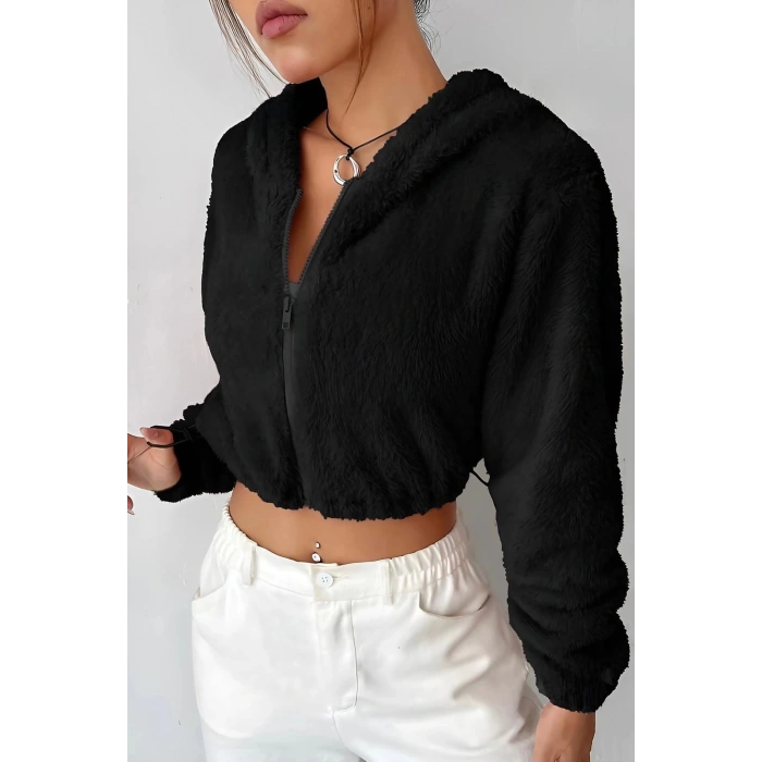 Peluş ceket kapşonlu siyah