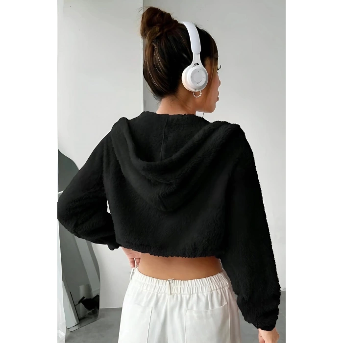 Peluş ceket kapşonlu siyah