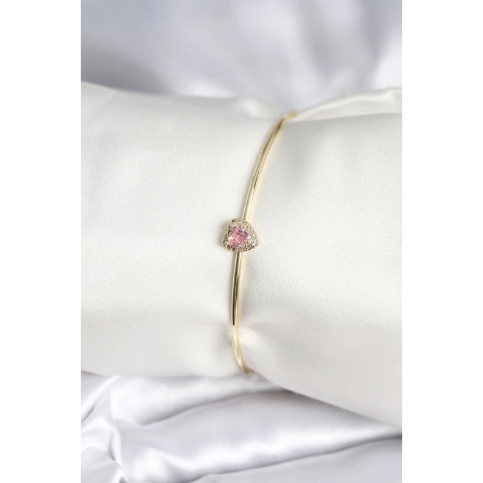 Pembe Zirkon Taşlı Kalp Model Gold Renk Kadın Bileklik