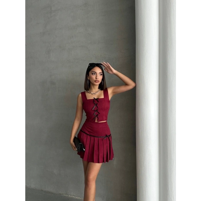 Pileli etek yelek takım bordo s255015