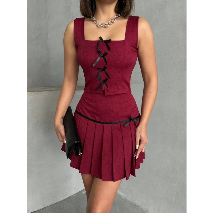 Pileli etek yelek takım bordo s255015