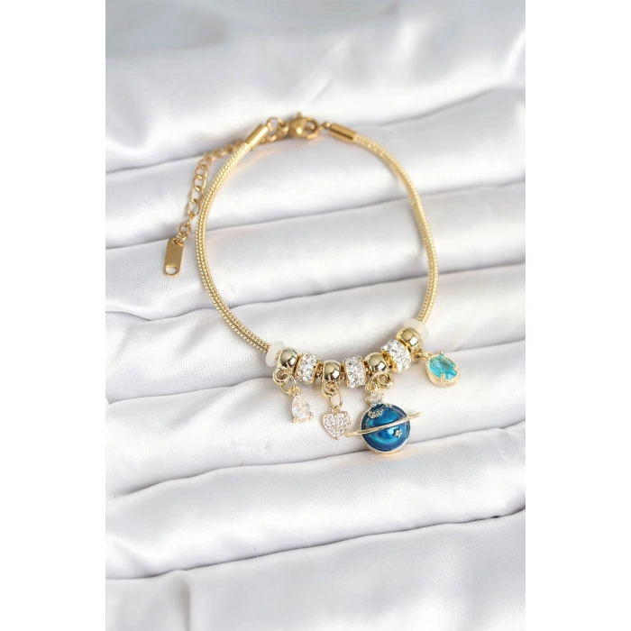 Pirinç Gold Renk Dünya Charmlı Kadın Bileklik