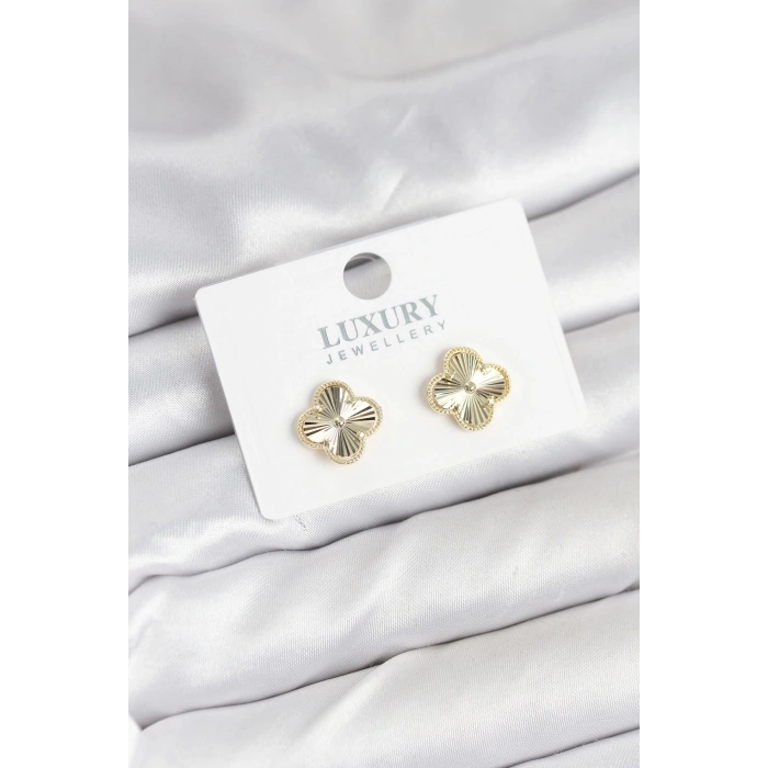 Pirinç Gold Renk Tekli Yonca Kadın Küpe