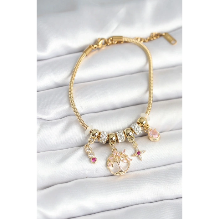 Pirinç Gold Renk Yaşam Ağacı Charmlı Kadın Bileklik