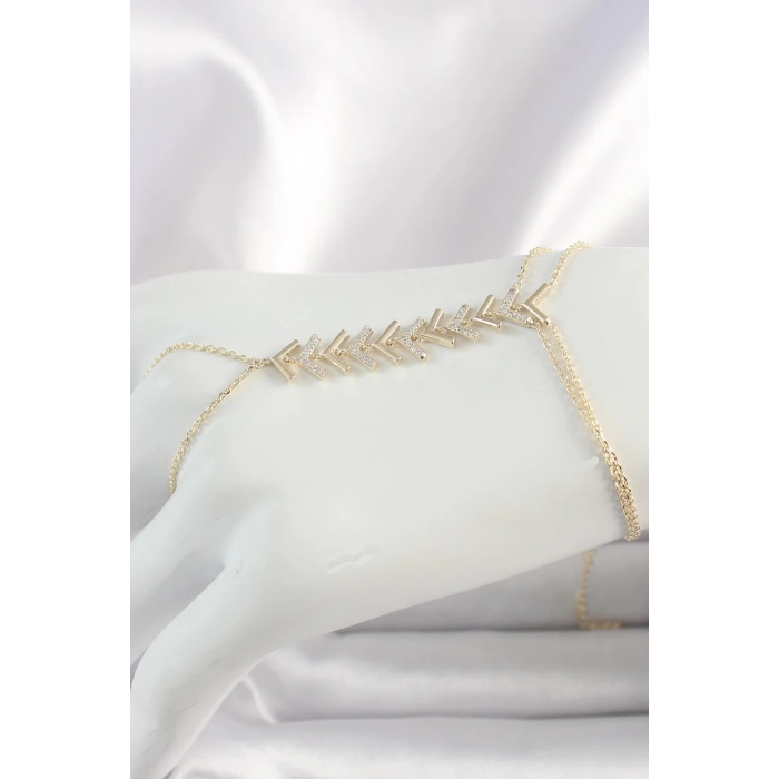 Pirinç Gold Renk Zirkon Taşlı V Model Kadın Şahmeran