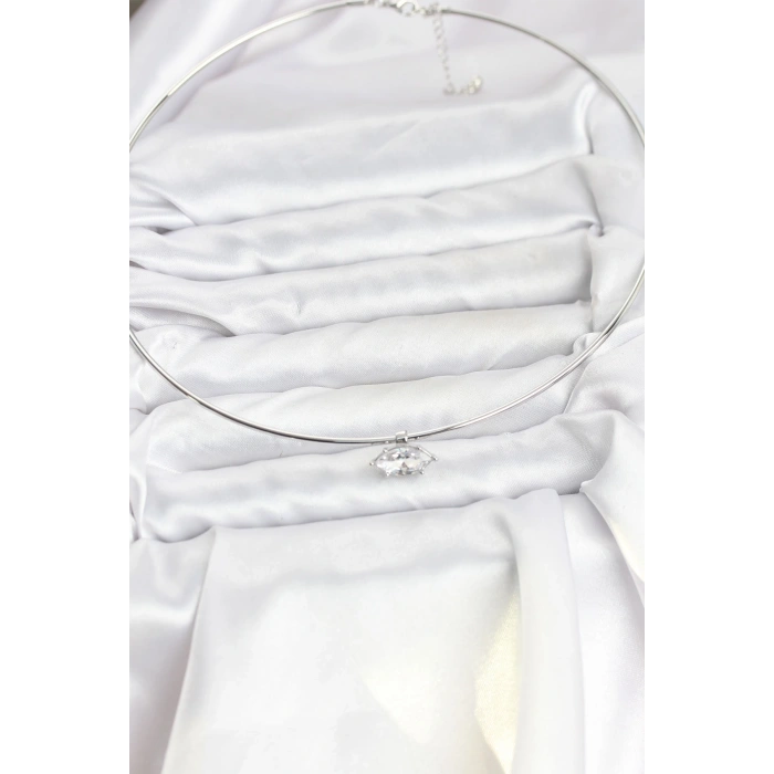 Pirinç Gümüş Renk Choker Model Zirkon Taşlı Kadın Kolye