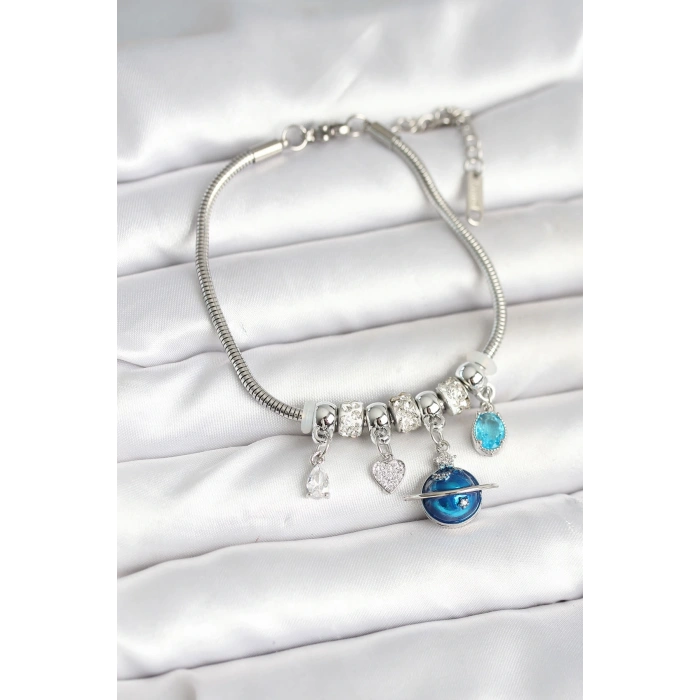 Pirinç Gümüş Renk Dünya Charmlı Kadın Bileklik