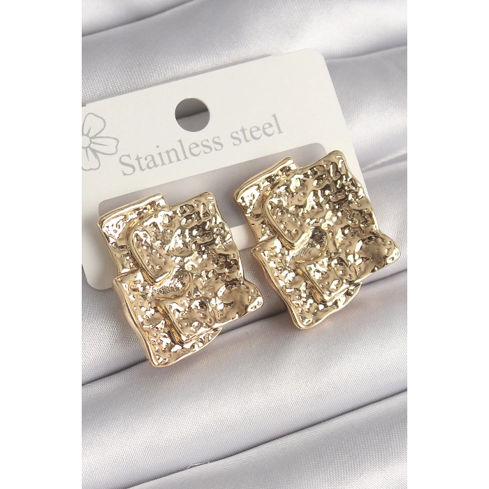 Pirinç Gümüş Renk İşlemeli Kare Plaka Model Kadın Küpe