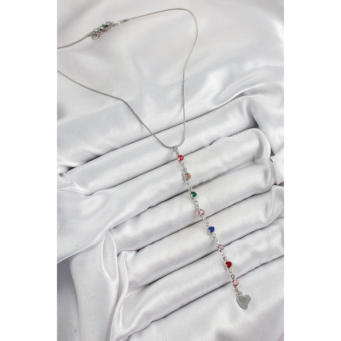 Pirinç Gümüş Renk Karışık Renk Zirkon Taşlı Kalpli Y Kadın Kolye