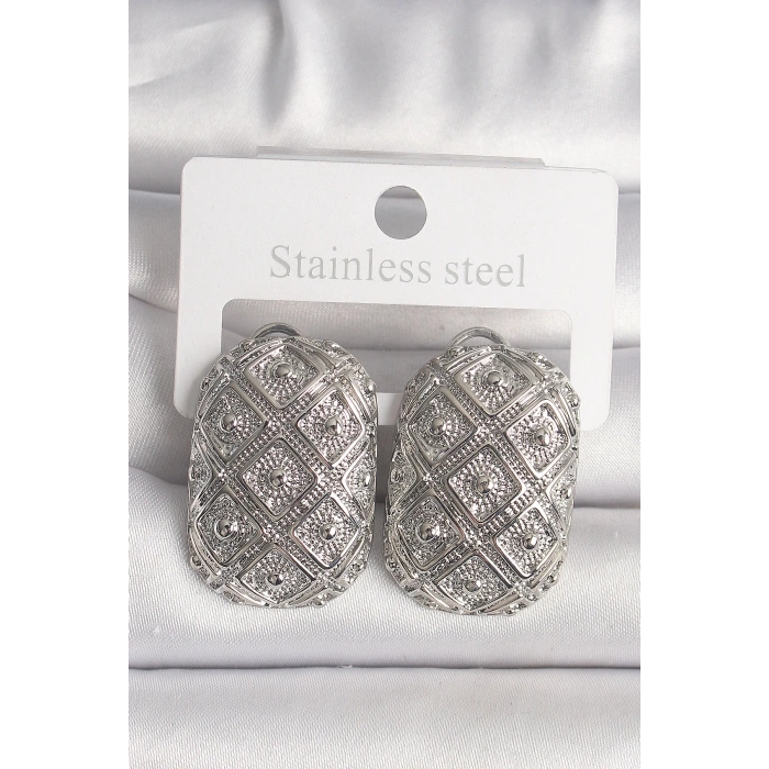 Pirinç Gümüş Renk Motif İşlemeli Kadın Küpe