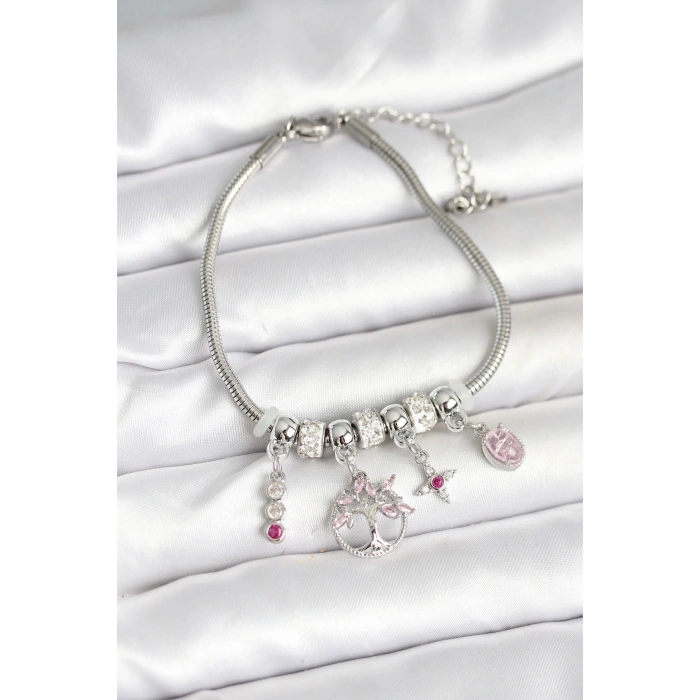 Pirinç Gümüş Renk Yaşam Ağacı Charmlı Kadın Bileklik